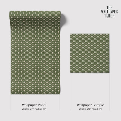 two wallpaper panels and a wallpaper sample, all featuring a repeating pattern of green circles on a white background.