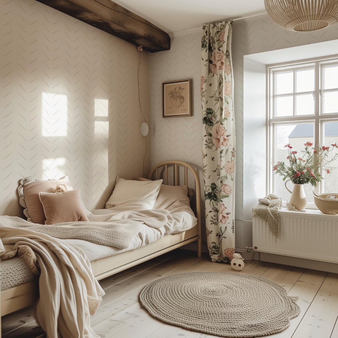 a cozy and inviting bedroom with a floral-patterned curtain, a wooden bed frame, and a round rug on the floor.