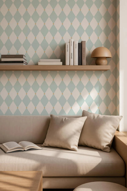 a cozy living room with a beige sofa, a wooden side table, and a bookshelf with books and a lamp. The wall behind the sofa has a diamond pattern in shades of blue and white.
