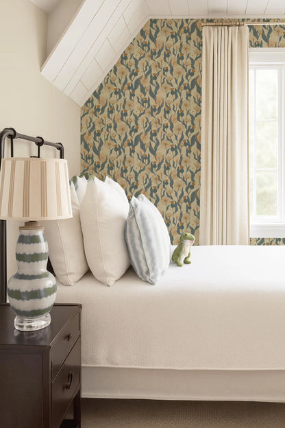 a cozy bedroom with a bed adorned with white pillows and a green and white striped pillowcase. A lamp with a striped shade is placed on a nightstand next to the bed. A small green frog figurine is sitting on the bed, adding a playful touch to the room. The walls are decorated with a patterned wallpaper, and a window with curtains can be seen in the background.