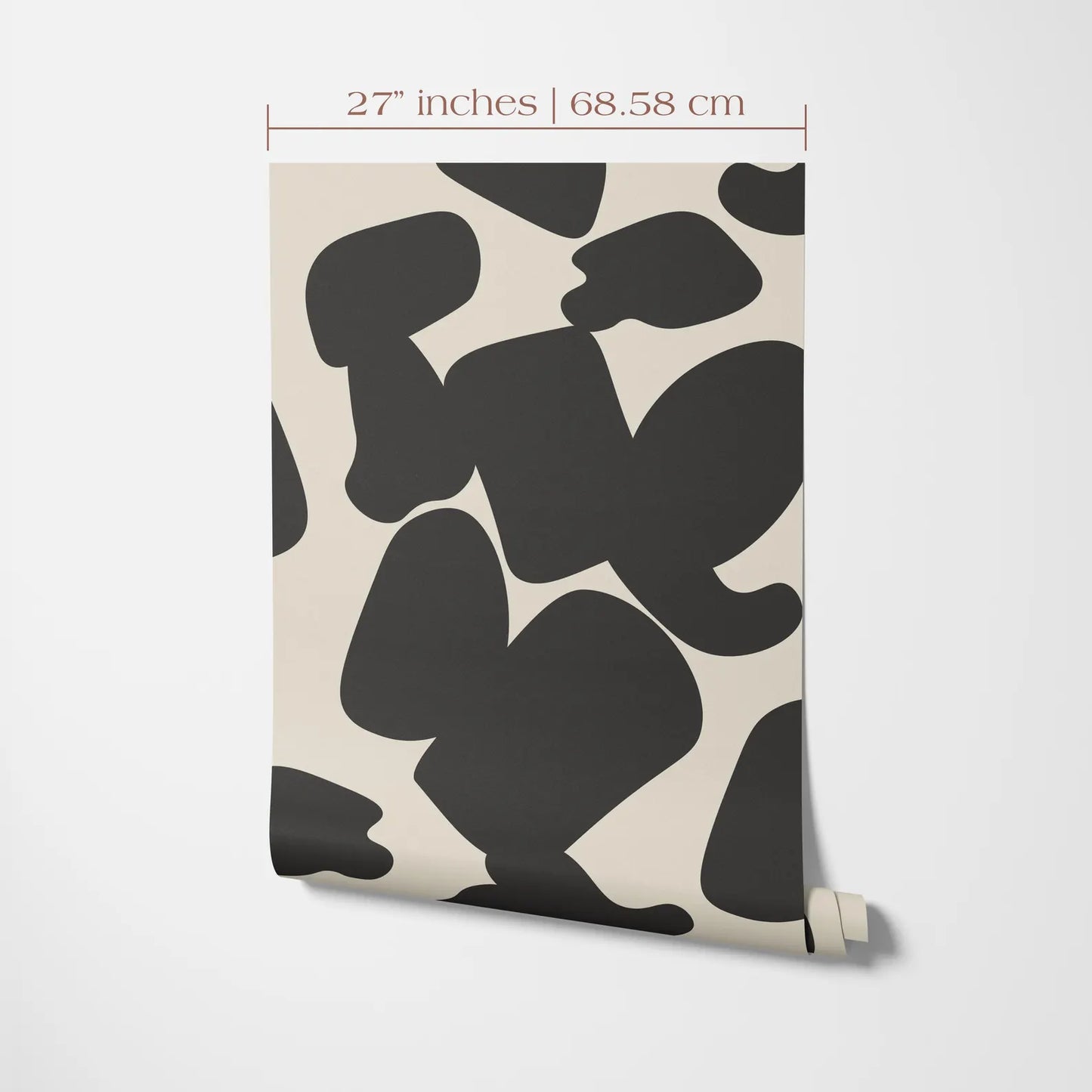 a black and white abstract pattern with various shapes and sizes, including a cow-like shape. The image is described as a 27-inch by 68.58 cm size.