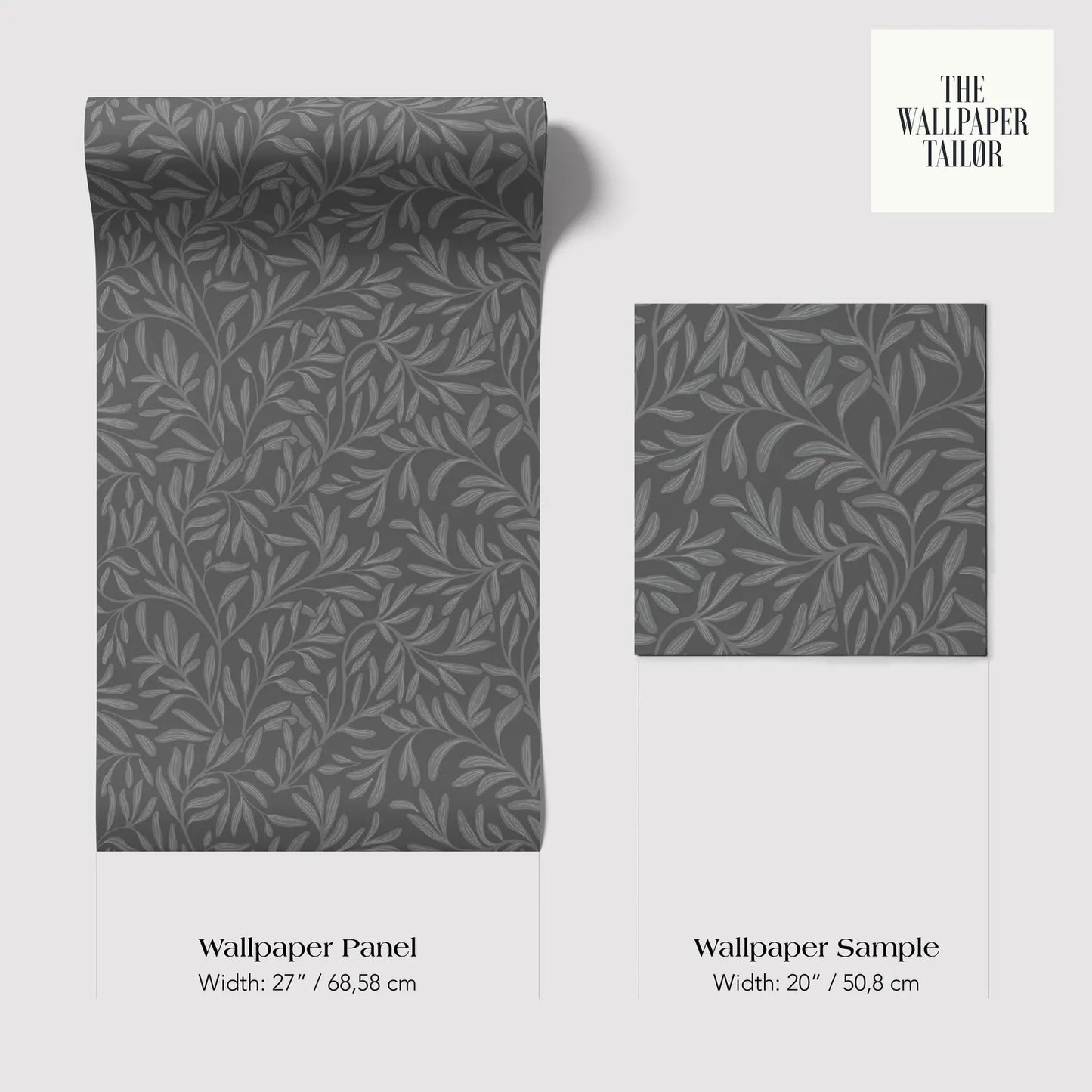 two different shades of grey wallpaper panels with a leafy pattern. The text provides information about the width of the wallpaper panels and the wallpaper sample.