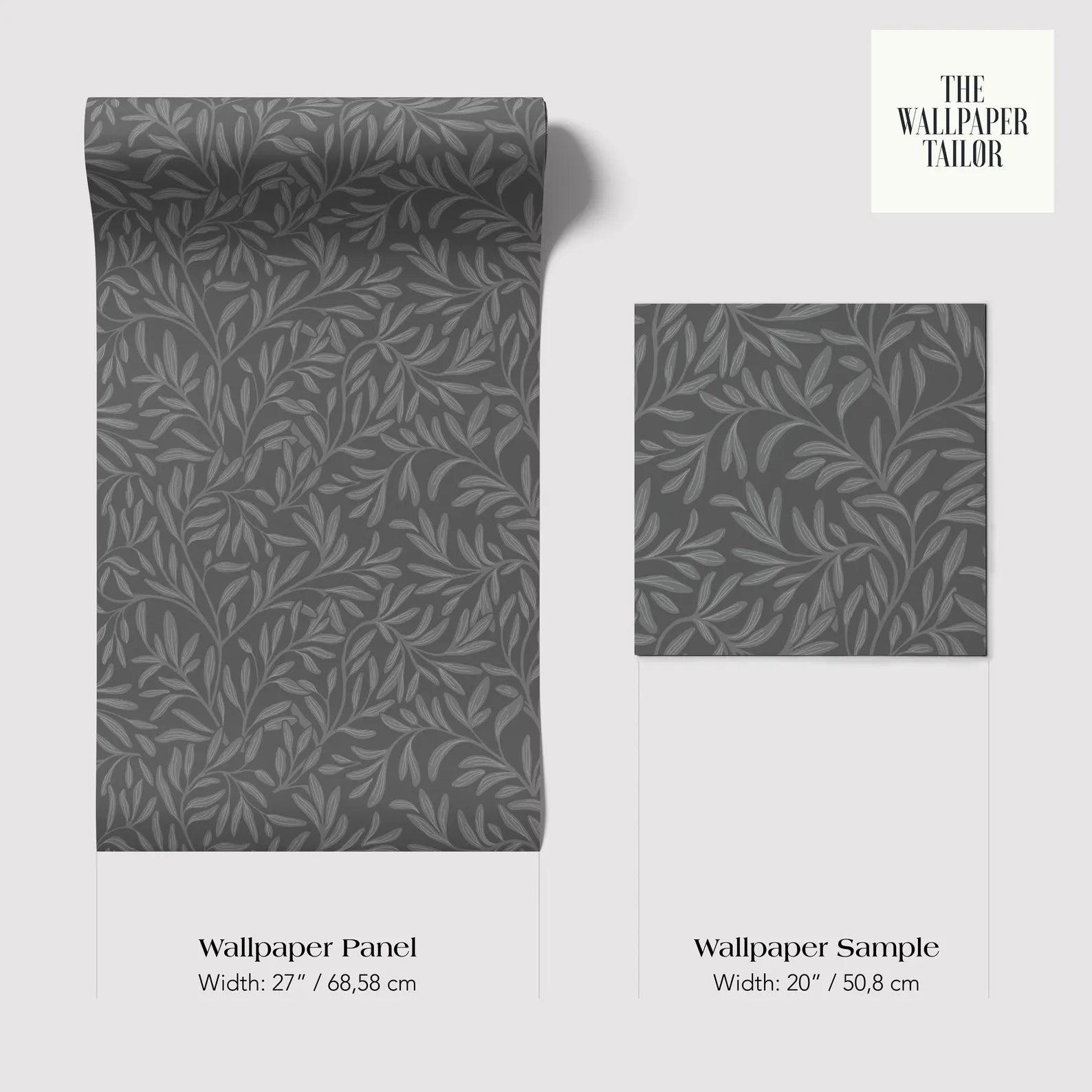two different shades of grey wallpaper panels with a leafy pattern. The text provides information about the width of the wallpaper panels and the wallpaper sample.