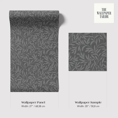 two different shades of grey wallpaper panels with a leafy pattern. The text provides information about the width of the wallpaper panels and the wallpaper sample.