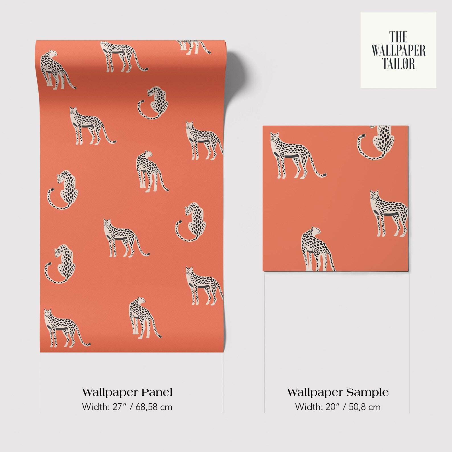a wallpaper panel and a wallpaper sample with a repeating pattern of leopard silhouettes on an orange background.