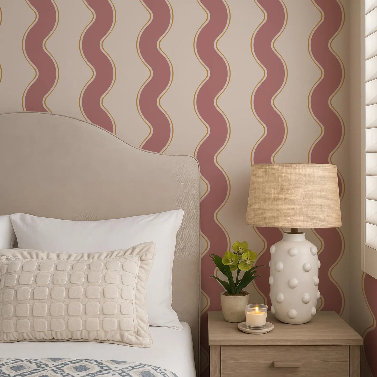 a cozy bedroom scene with a bed, a lamp, and a decorative pillow. The bed has a gray headboard and white pillows, and the lamp has a beige lampshade with white polka dots. The wall behind the bed has a pattern of red and white stripes.