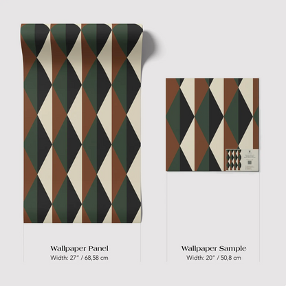 two different wallpaper samples with a geometric pattern. The first sample is a large one, measuring 27 inches by 68.58 centimeters, while the second sample is a smaller one, measuring 20 inches by 50.8 centimeters.