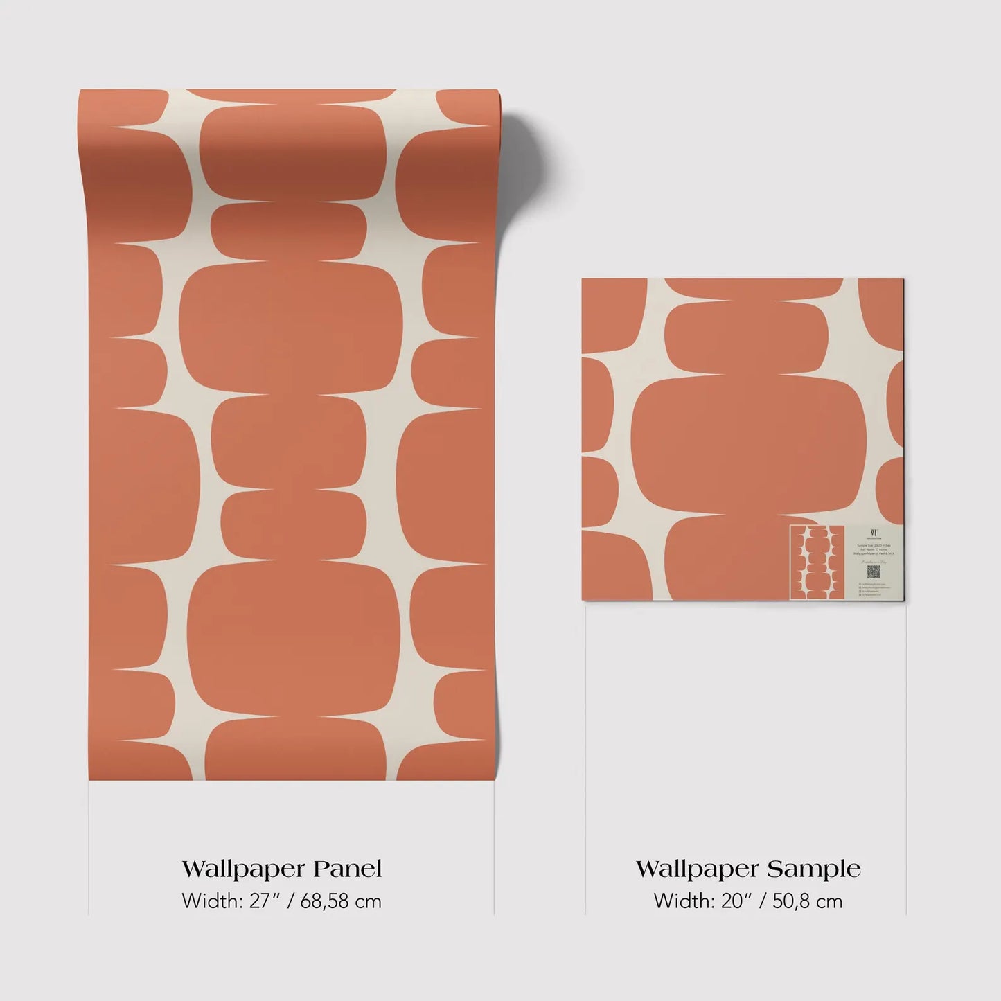 two different wallpaper samples with a repeating pattern of orange circles on a white background. The text provides the dimensions of the wallpaper samples in centimeters.
