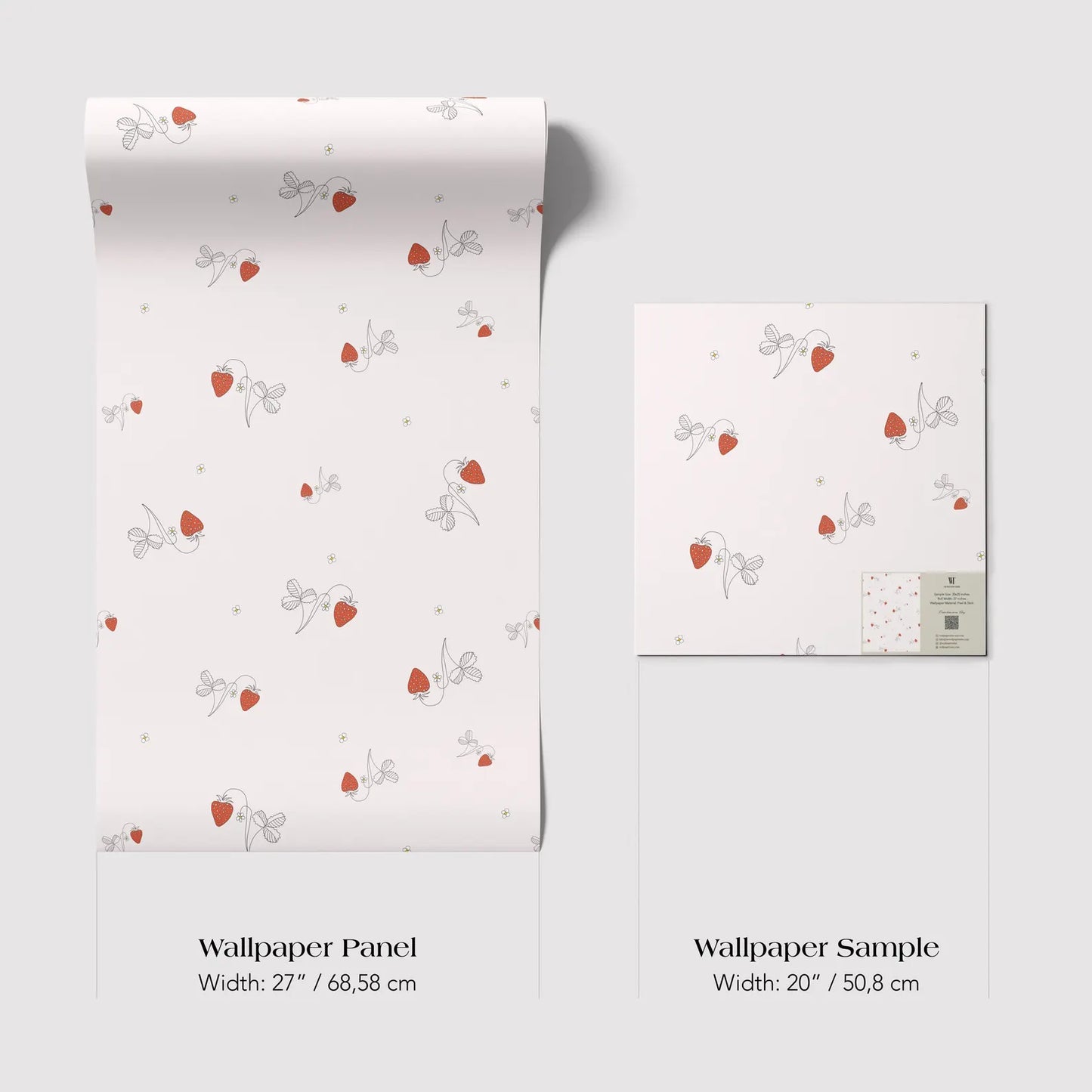 two different sizes of a wallpaper panel with a repeating pattern of red strawberries and leaves on a white background.