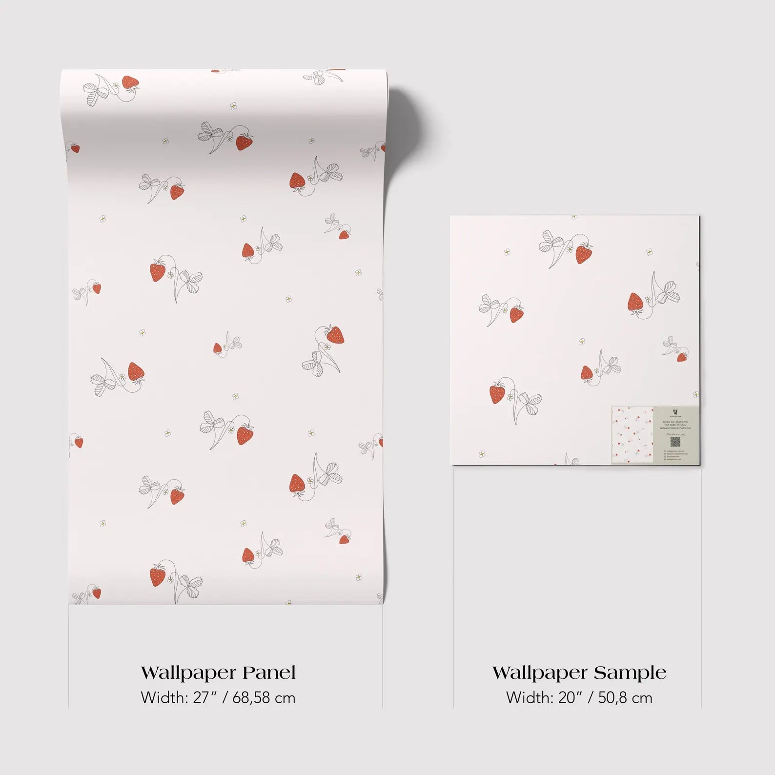 two different sizes of a wallpaper panel with a repeating pattern of red strawberries and leaves on a white background.