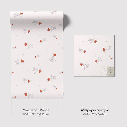 two different sizes of a wallpaper panel with a repeating pattern of red strawberries and leaves on a white background.