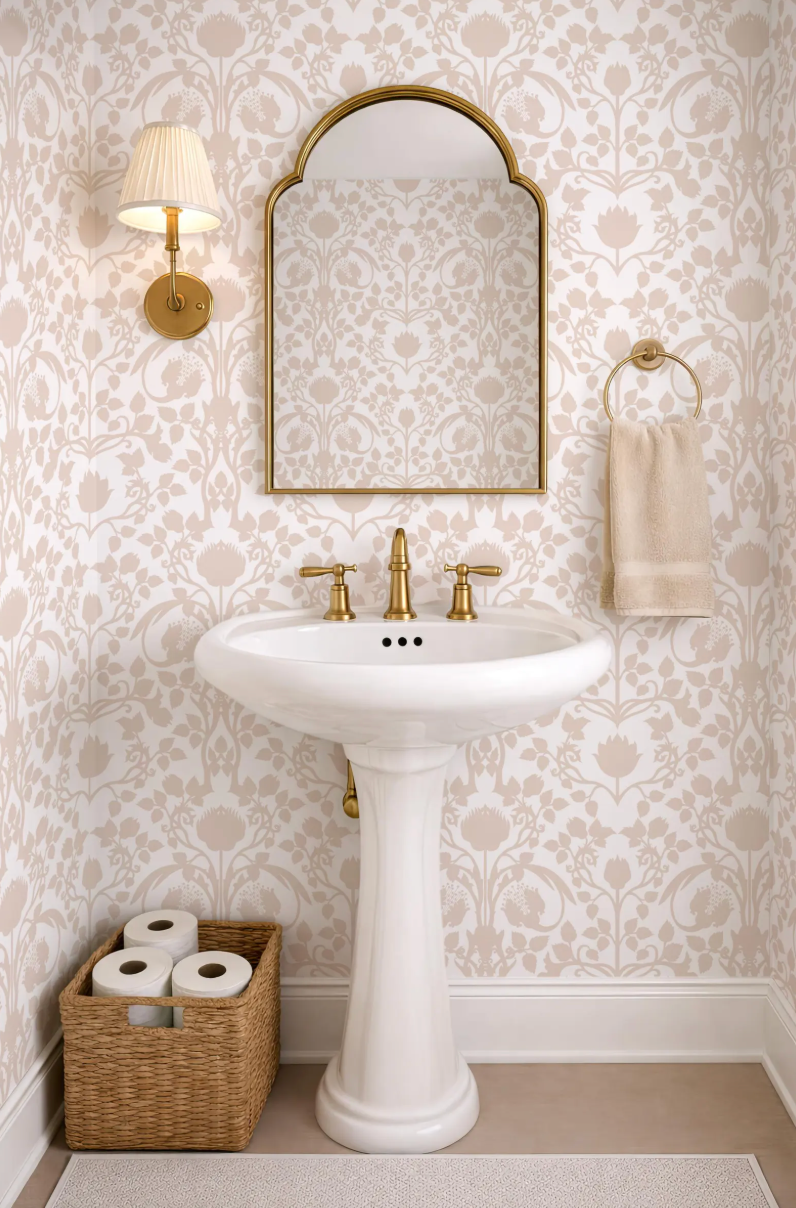 a bathroom with a white pedestal sink, a mirror above it, and a towel rack on the wall. The walls are covered in a patterned wallpaper, and there is a basket of toilet paper on the floor next to the sink.