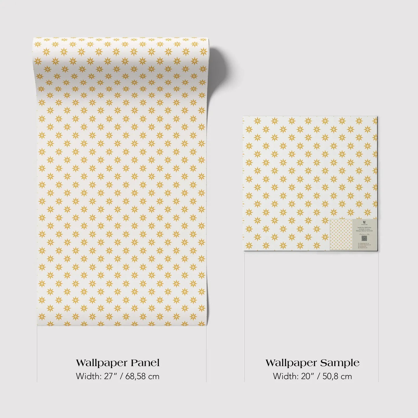 two different sizes of wallpaper panels with a repeating pattern of yellow stars on a white background.