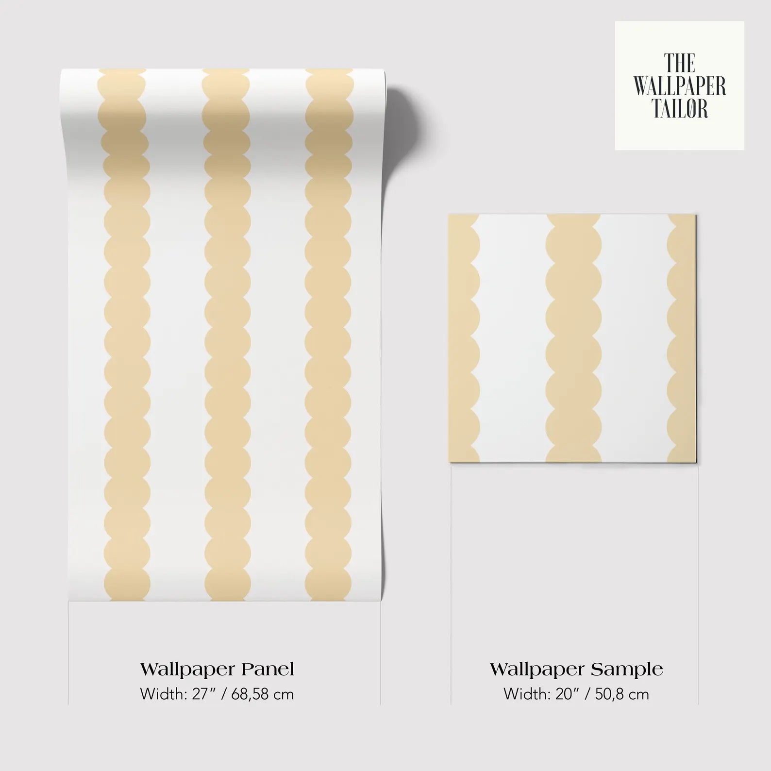 two wallpaper samples with a repeating pattern of yellow circles on a white background. The text provides the widths of the samples in centimeters.