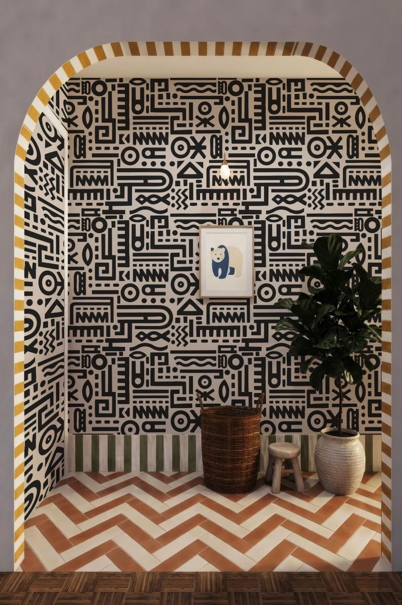 a room with a chevron-patterned floor, a potted plant, and a framed picture on the wall.