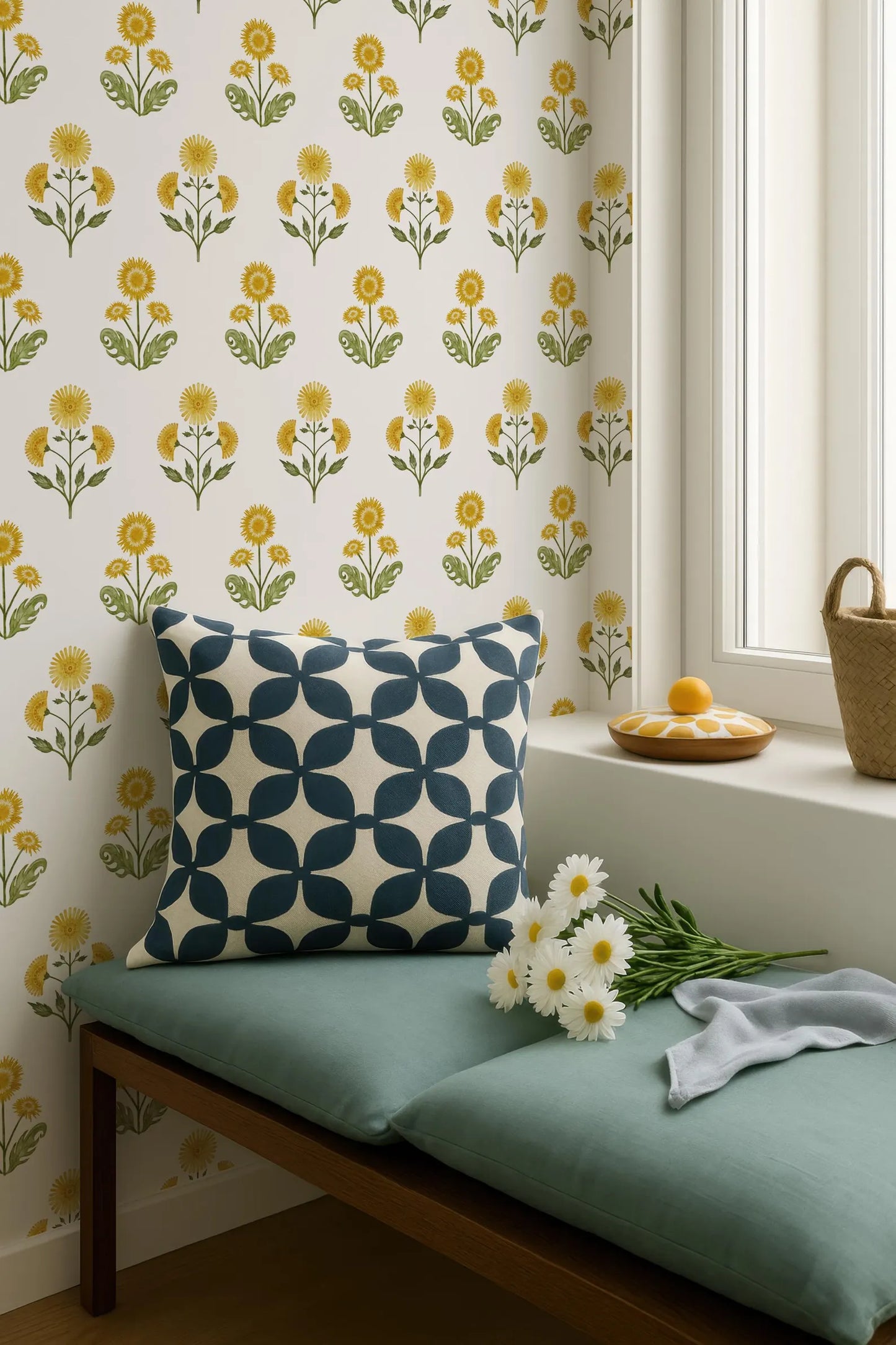 a cozy corner with a window, a green bench, and a patterned pillow. The wall behind the window has a repeating pattern of yellow flowers, creating a cheerful and inviting atmosphere. A basket and a bouquet of white flowers are placed on the bench, adding a touch of nature and color to the scene.