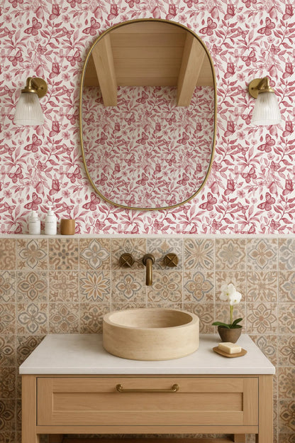 a bathroom with a wooden vanity, a round sink, and a mirror above it. The walls are covered in a pink and white floral wallpaper, and there are two light fixtures on either side of the mirror. The bathroom also includes a small potted plant and a soap dish on the vanity.
