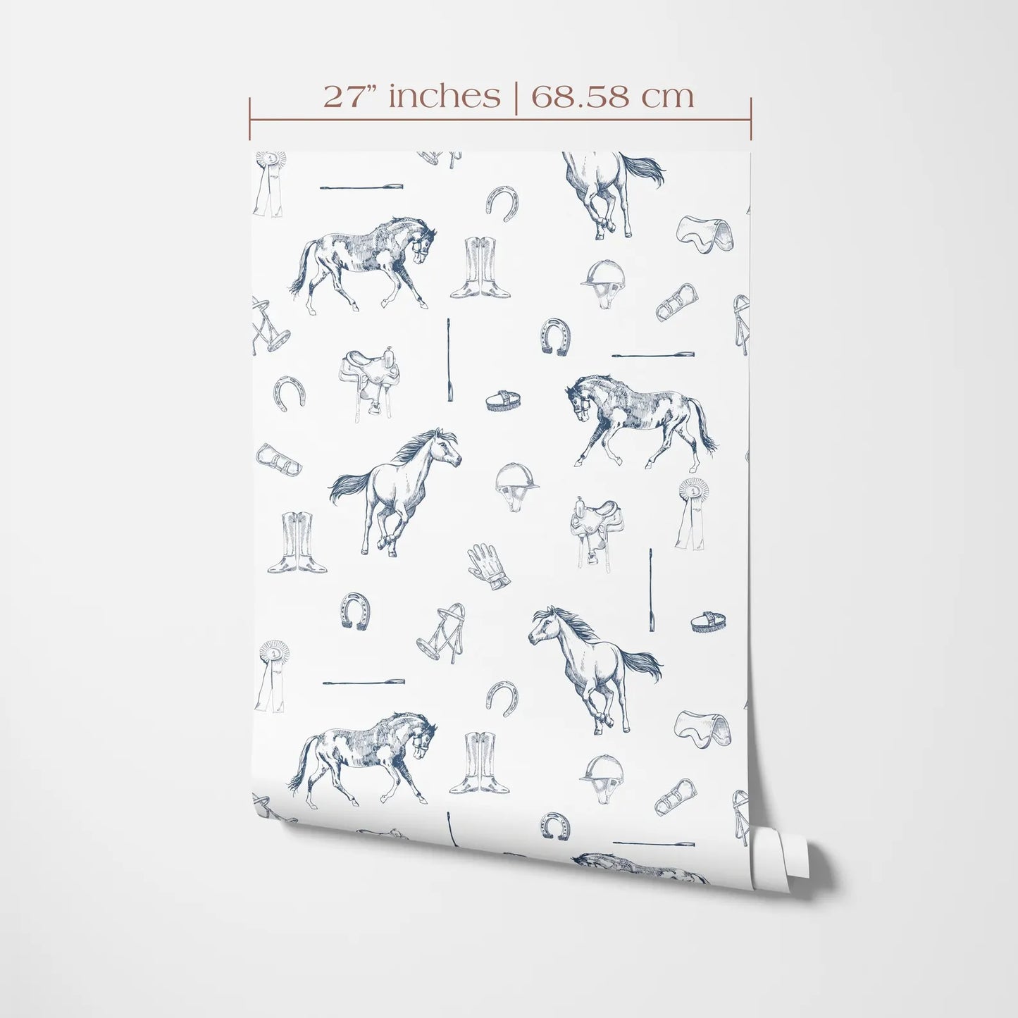 a repeating pattern of various horse-related objects and symbols, including horses, riding helmets, bridles, and other equestrian accessories. The pattern is displayed on a white background, and the image is described in terms of its size and content, without providing specific details about each object or symbol.