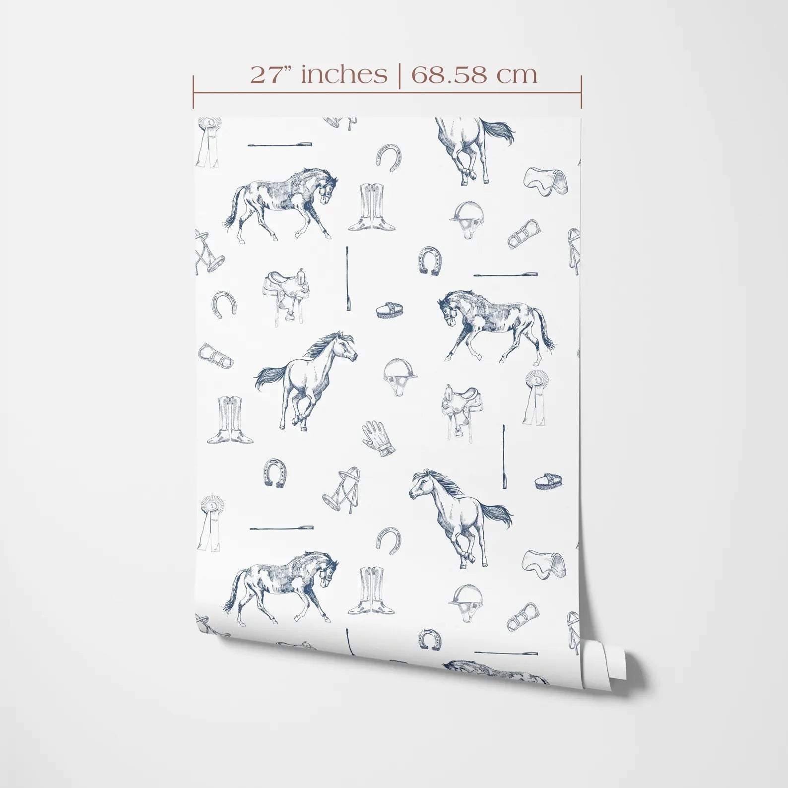 a repeating pattern of various horse-related objects and symbols, including horses, riding helmets, bridles, and other equestrian accessories. The pattern is displayed on a white background, and the image is described in terms of its size and content, without providing specific details about each object or symbol.