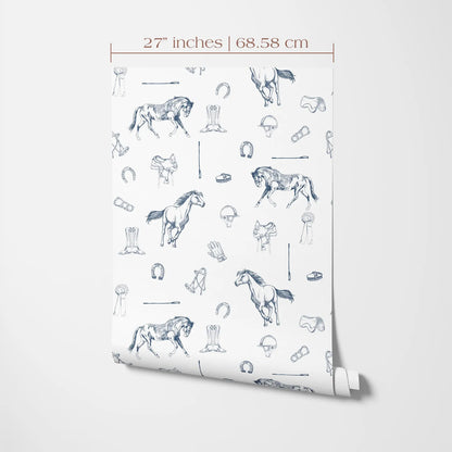 a repeating pattern of various horse-related objects and symbols, including horses, riding helmets, bridles, and other equestrian accessories. The pattern is displayed on a white background, and the image is described in terms of its size and content, without providing specific details about each object or symbol.