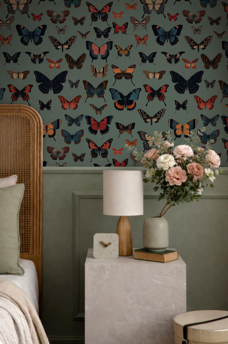 a bedroom with a wallpapered wall adorned with a pattern of colorful butterflies. The room is decorated with a wooden headboard, a lamp, a vase with flowers, and a bookshelf.