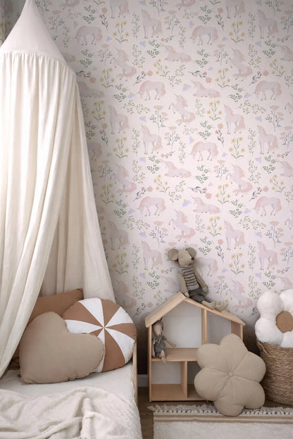 a cozy and charming bedroom scene, featuring a canopy bed with a white canopy, a wooden dollhouse, and various decorative pillows and stuffed animals.