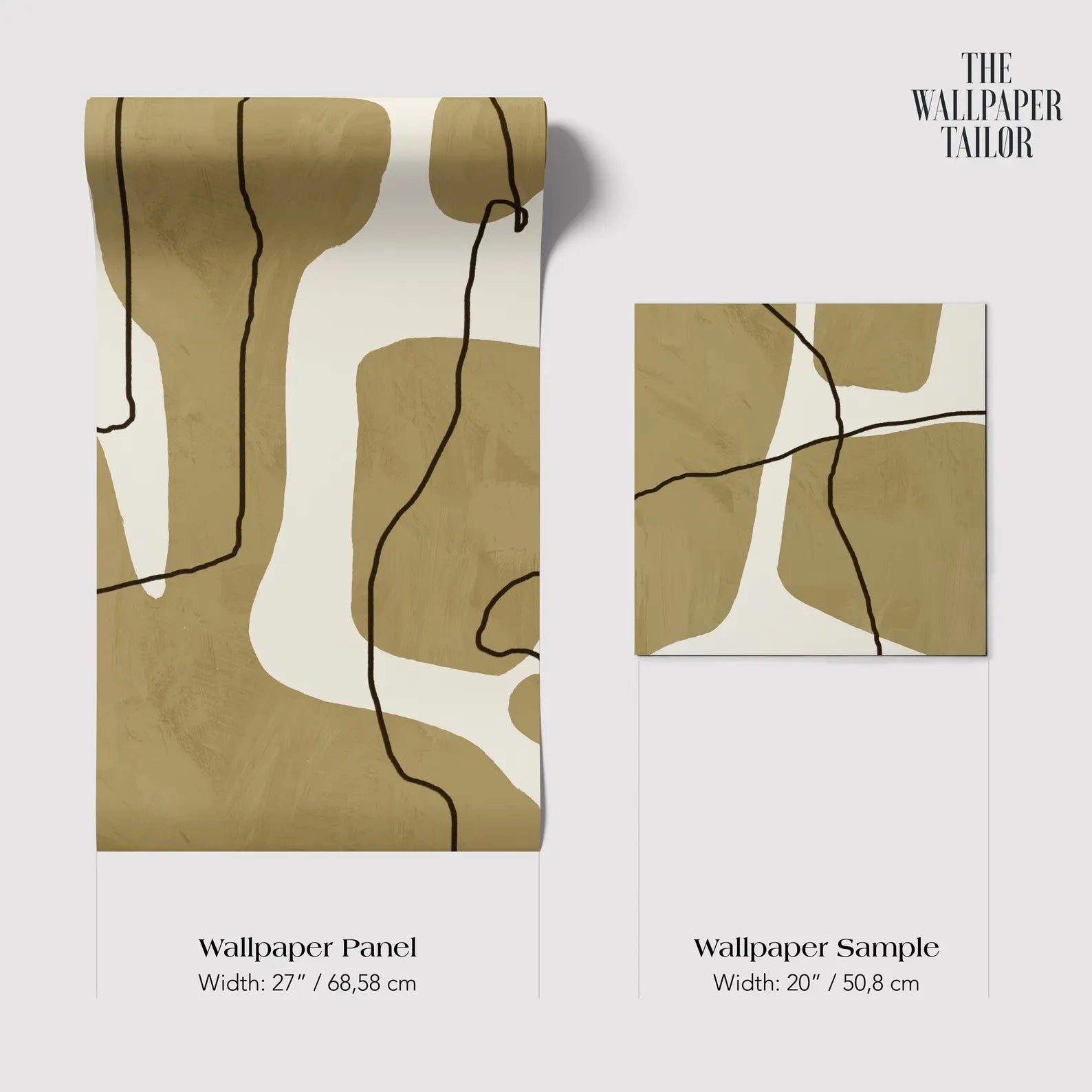 The image is a collage of two abstract artworks, featuring a wallpaper panel and a wallpaper sample. The wallpaper panel is described as having a width of 27 inches (68.58 cm) and the wallpaper sample is described as having a width of 20 inches (50.08 cm).