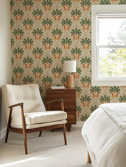 a cozy bedroom with a white armchair, a wooden side table, and a window with a view of trees outside. The room has a tropical theme, with a patterned wallpaper and a white color scheme.