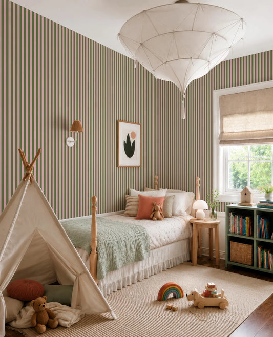 A cozy and colorful bedroom with striped wallpaper, a canopy bed, and a tiki tent. The room is decorated with various toys and books, creating a playful and inviting atmosphere.