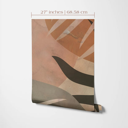 The image is a poster or wall decoration with abstract shapes and patterns in shades of orange, brown, and gray.
