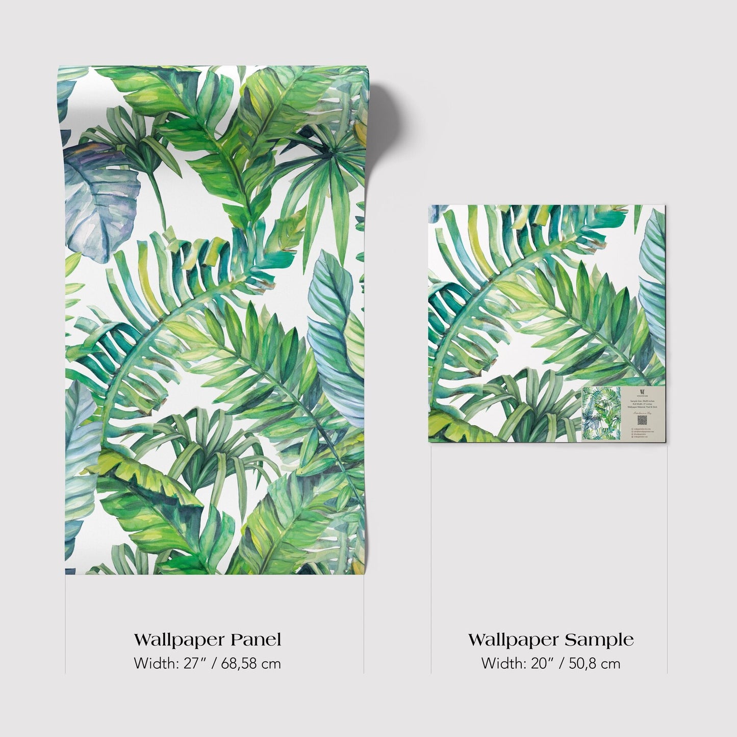 two different sizes of a wallpaper panel with a tropical leaf pattern. The larger panel is wider at 28 inches and narrower at 68.58 centimeters, while the smaller sample is 20 inches and 50.8 centimeters.