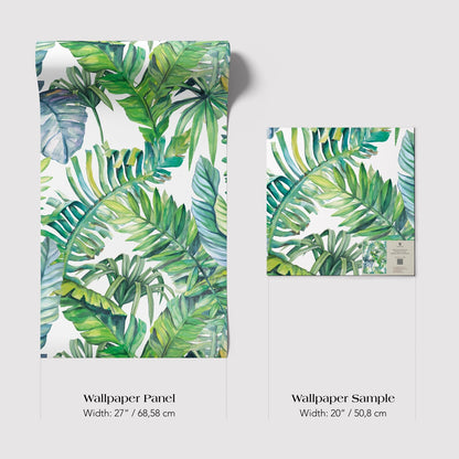 two different sizes of a wallpaper panel with a tropical leaf pattern. The larger panel is wider at 28 inches and narrower at 68.58 centimeters, while the smaller sample is 20 inches and 50.8 centimeters.