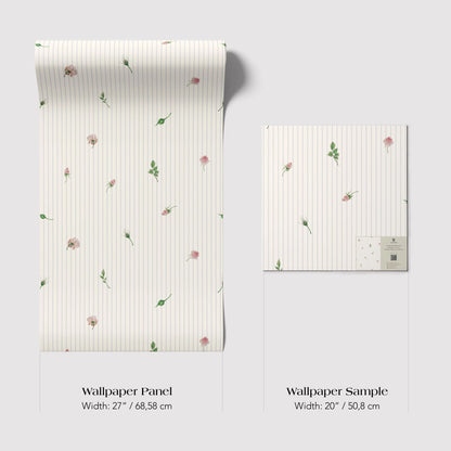 two different wallpaper samples with a floral pattern. The larger sample is a wallpaper panel with a width of 27 inches (68.58 cm) and the smaller sample is a wallpaper sample with a width of 20 inches (50.8 cm).