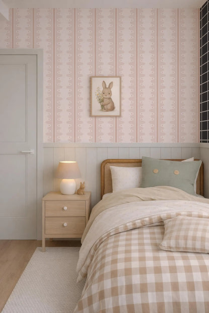 a cozy bedroom with a bed, nightstand, and a framed picture of a rabbit on the wall. The room has a pink and white color scheme, and the bed is covered with a checkered comforter and pillows.
