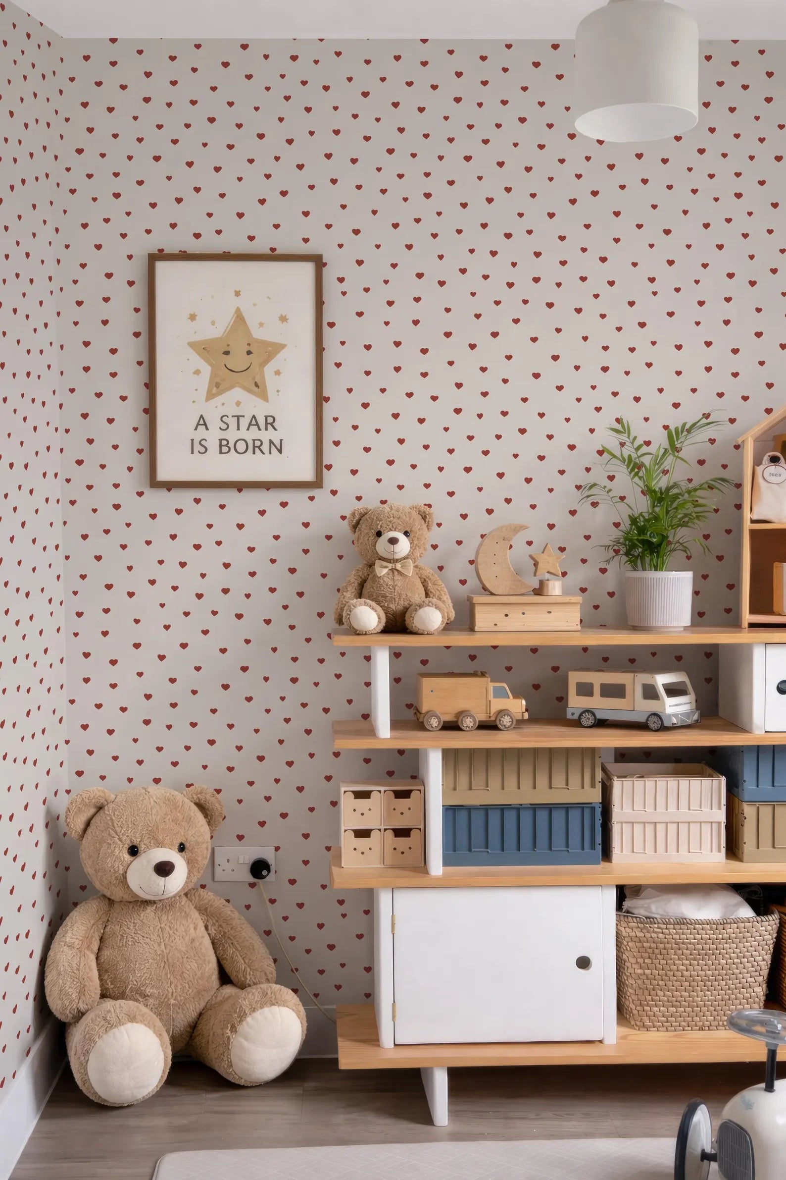 a cozy and charming children's bedroom with a teddy bear, a shelf with toys, and a framed poster on the wall.