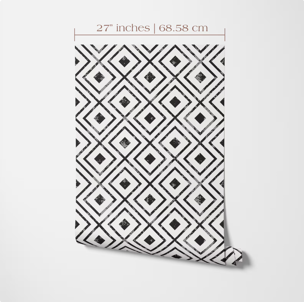 a patterned wallpaper or fabric with a repeating diamond-shaped design in black and white.