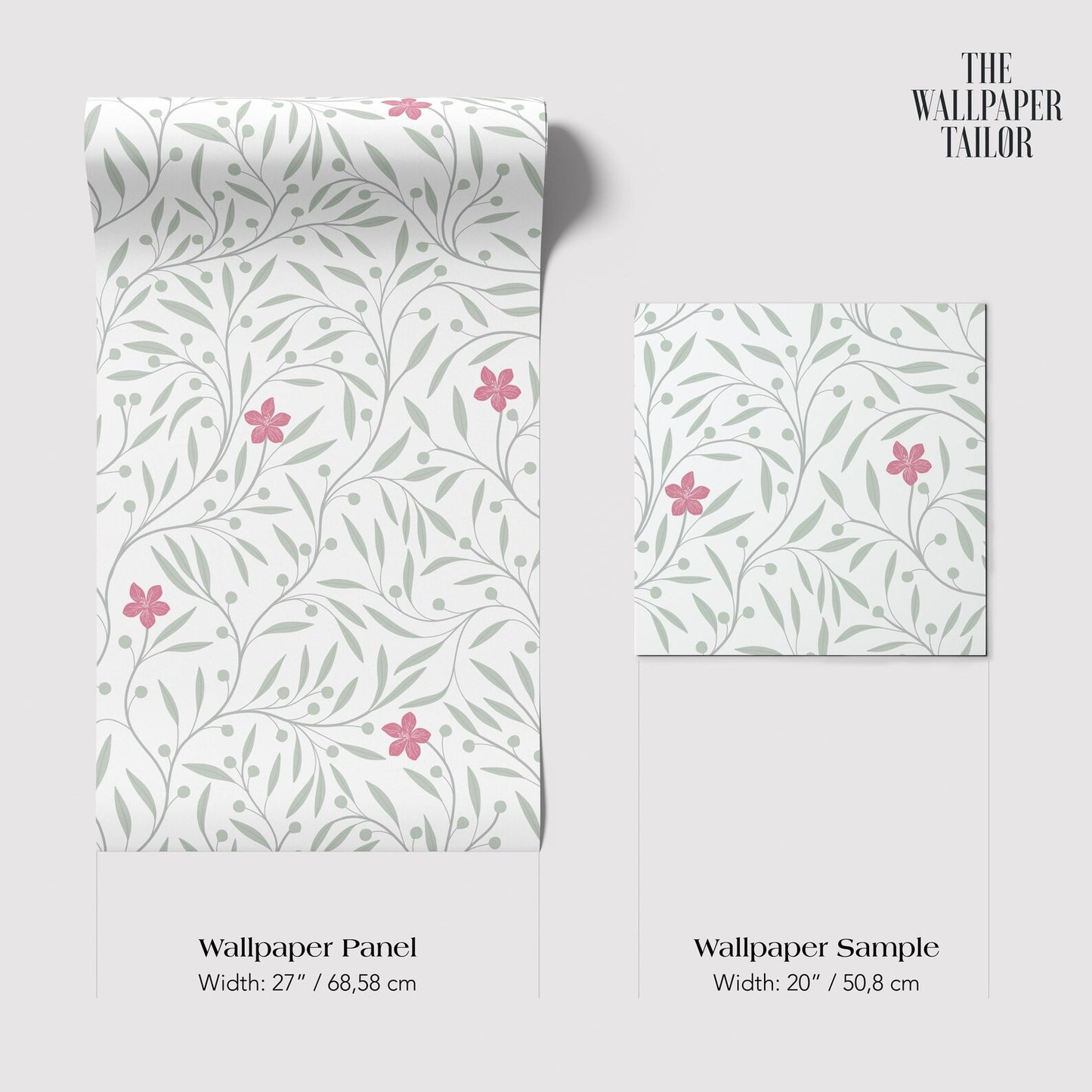 two different wallpaper samples with a floral pattern. The text provides the widths of the samples in centimeters: one is wider at 28/68/58 cm and the other is wider at 20/50/8 cm.