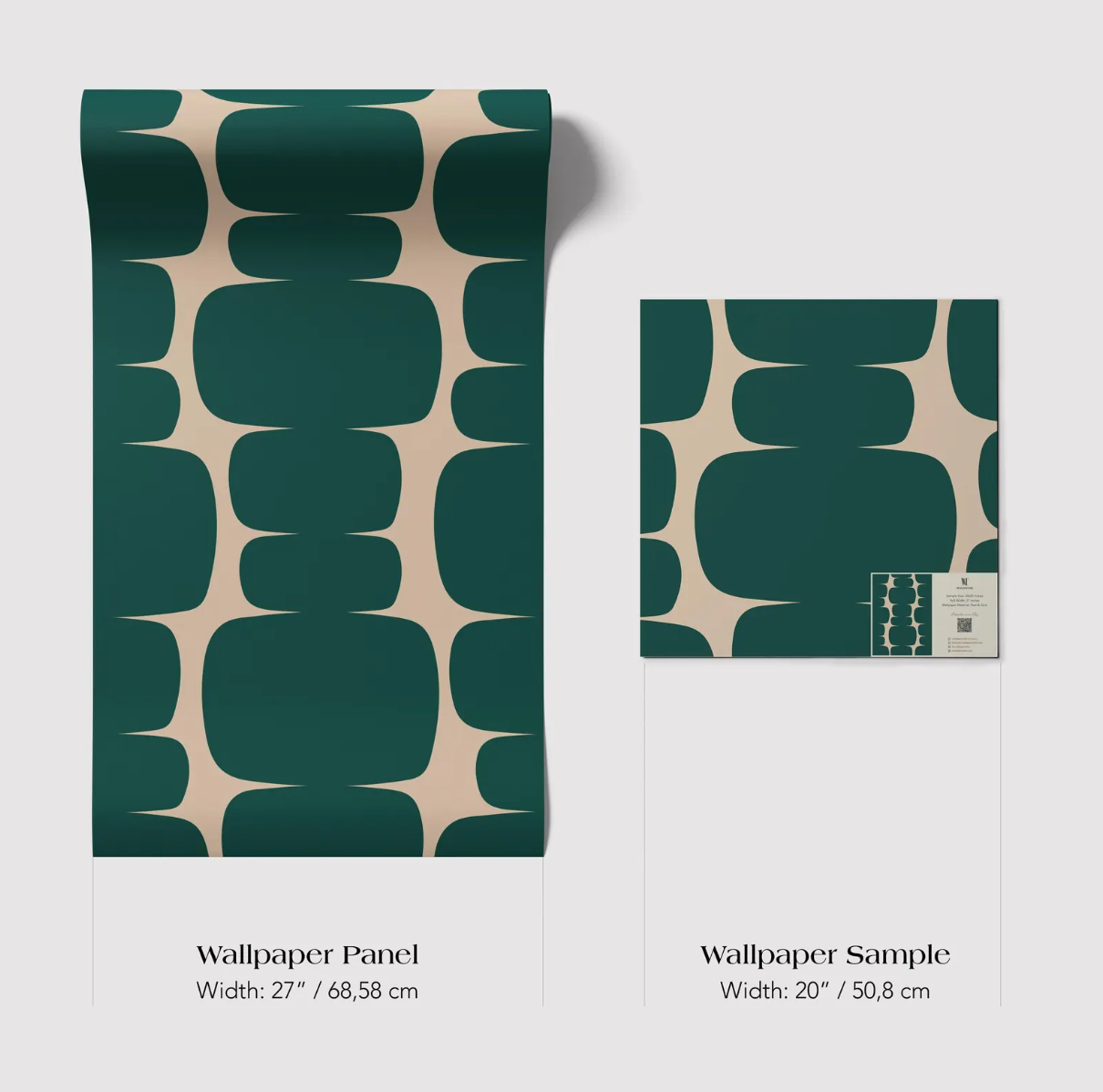 two wallpaper samples with a geometric pattern in shades of green and beige. The text provides the dimensions of the samples, which are 27 inches by 68.58 centimeters and 20 inches by 50.8 centimeters.