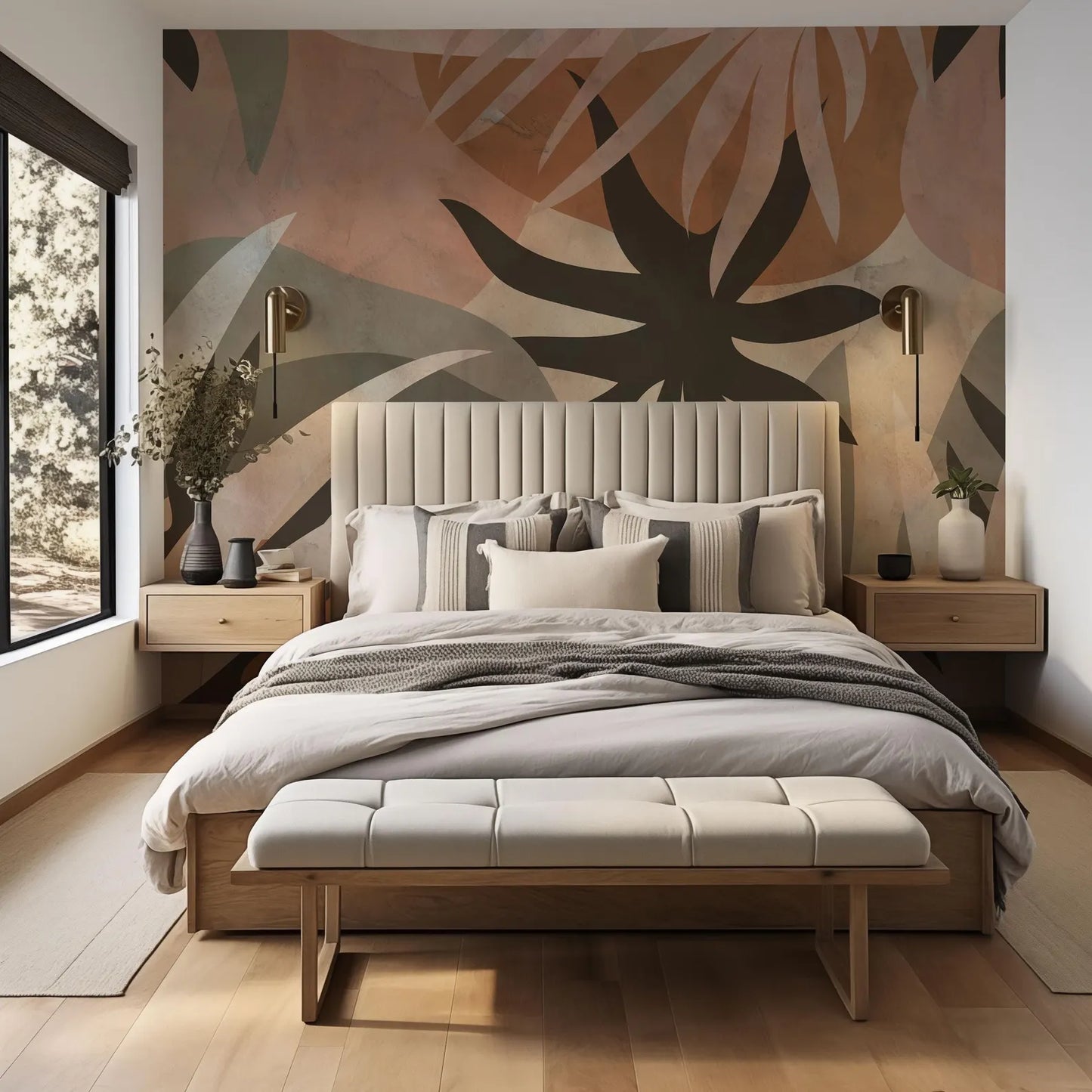a modern bedroom with a large bed, wooden furniture, and a large abstract mural on the wall behind it.