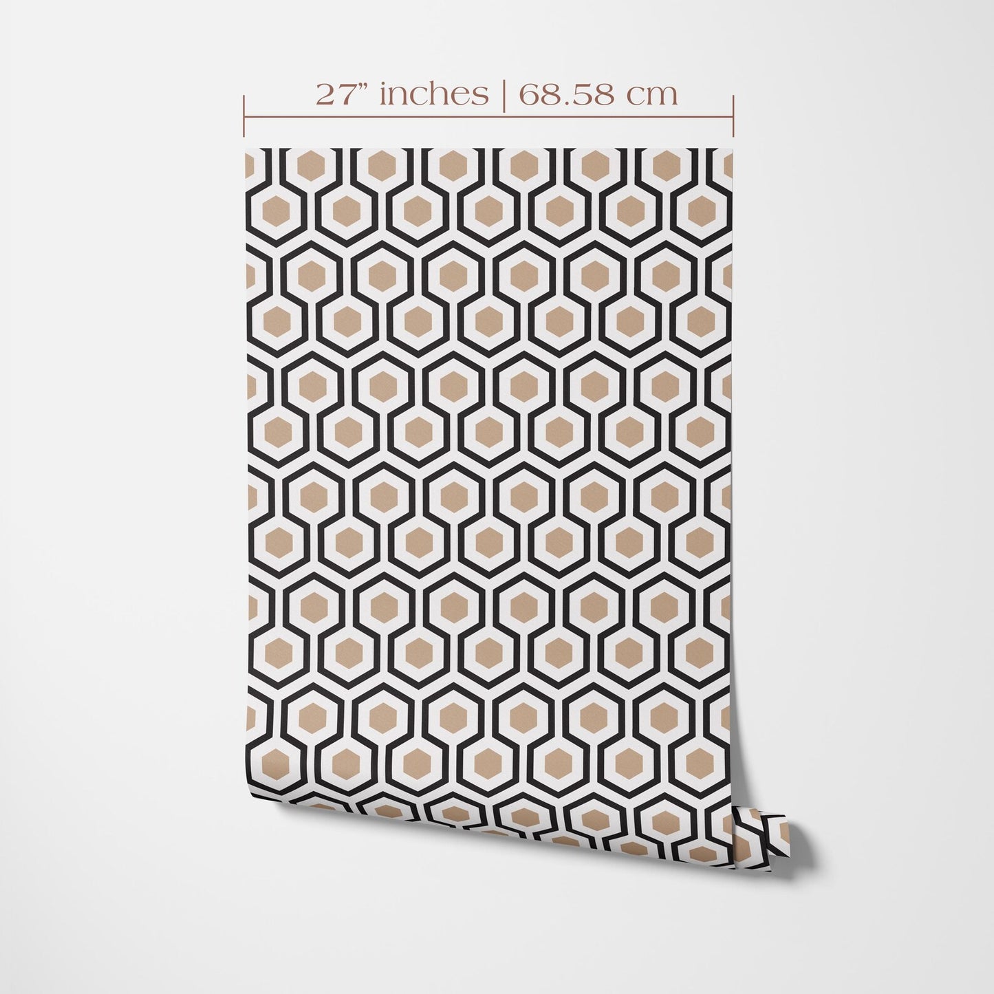 a patterned wallpaper or fabric with a repeating geometric design of black and beige hexagons.