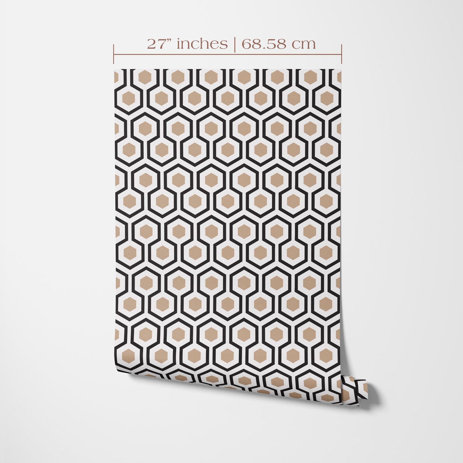 a patterned wallpaper or fabric with a repeating geometric design of black and beige hexagons.