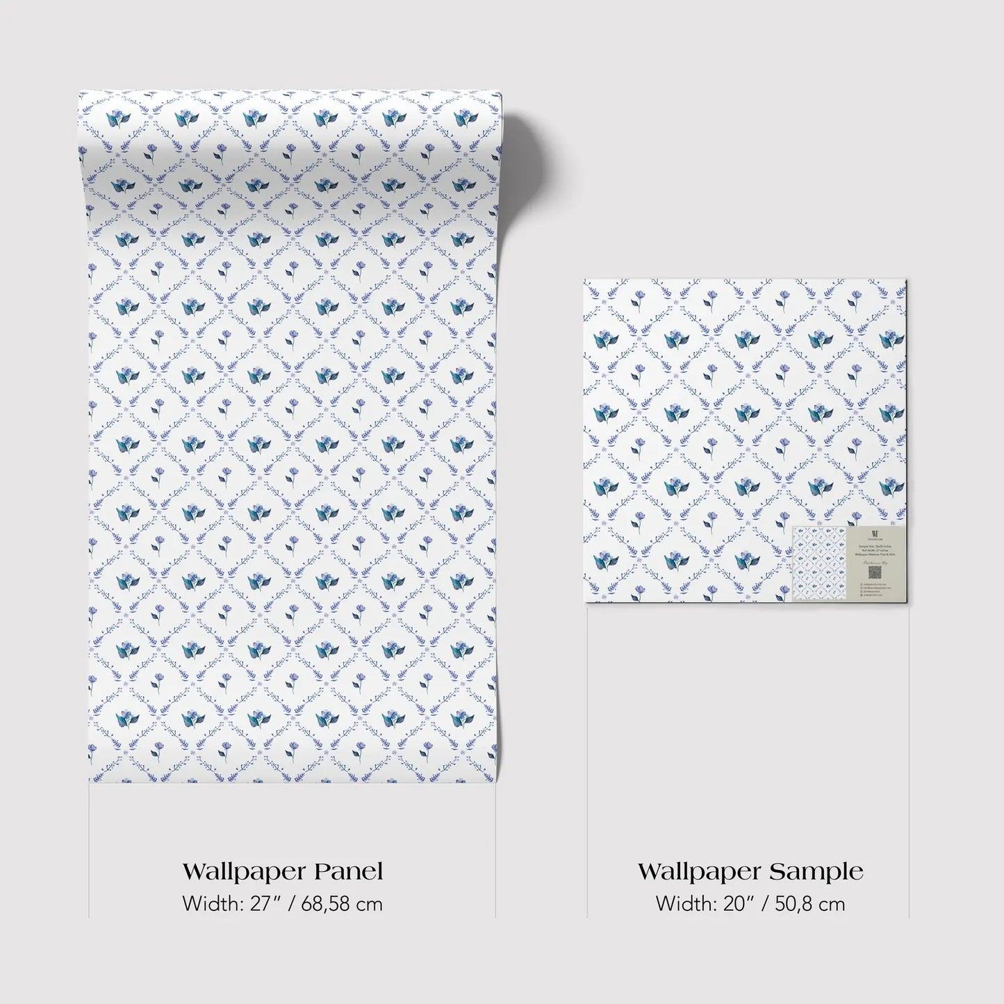 three different sizes of a wallpaper panel with a blue floral pattern. The largest panel is 27 inches wide, the medium-sized panel is 20 inches wide, and the smallest panel is 50 inches wide.