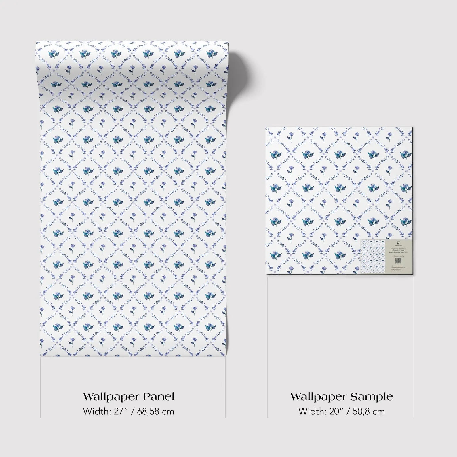 three different sizes of a wallpaper panel with a blue floral pattern. The largest panel is 27 inches wide, the medium-sized panel is 20 inches wide, and the smallest panel is 50 inches wide.