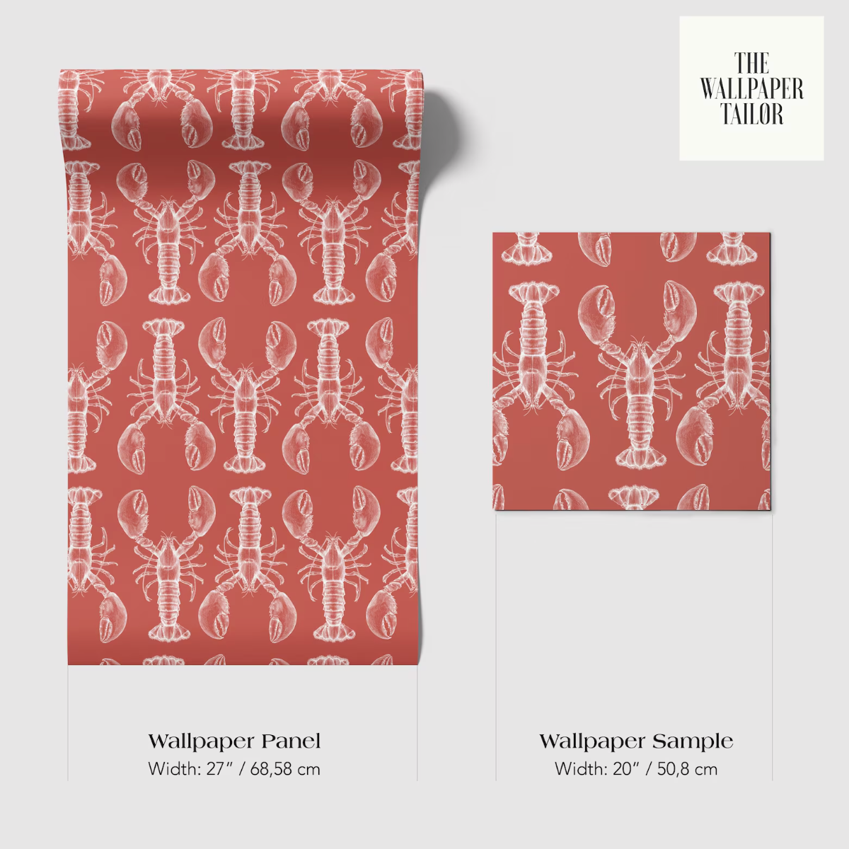 a wallpaper panel and a wallpaper sample with a repeating pattern of white lobster illustrations on a red background.