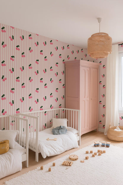 a cozy and colorful nursery room with a pink and white striped wallpaper, a white crib, and a pink armoire. The room is filled with toys, including wooden blocks and a stuffed animal, creating a playful and inviting atmosphere.