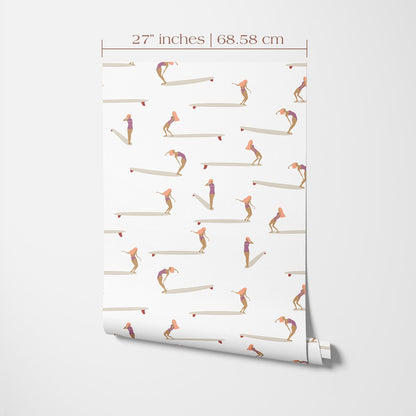 a repeating pattern of people riding surfboards, with each person in a different pose. The pattern is white and spans the entire image, creating a dynamic and visually engaging design.