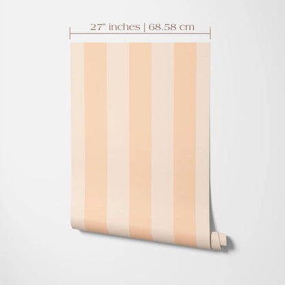 a roll of wallpaper with a striped pattern, measuring 27 inches in width and 68.58 centimeters in height.