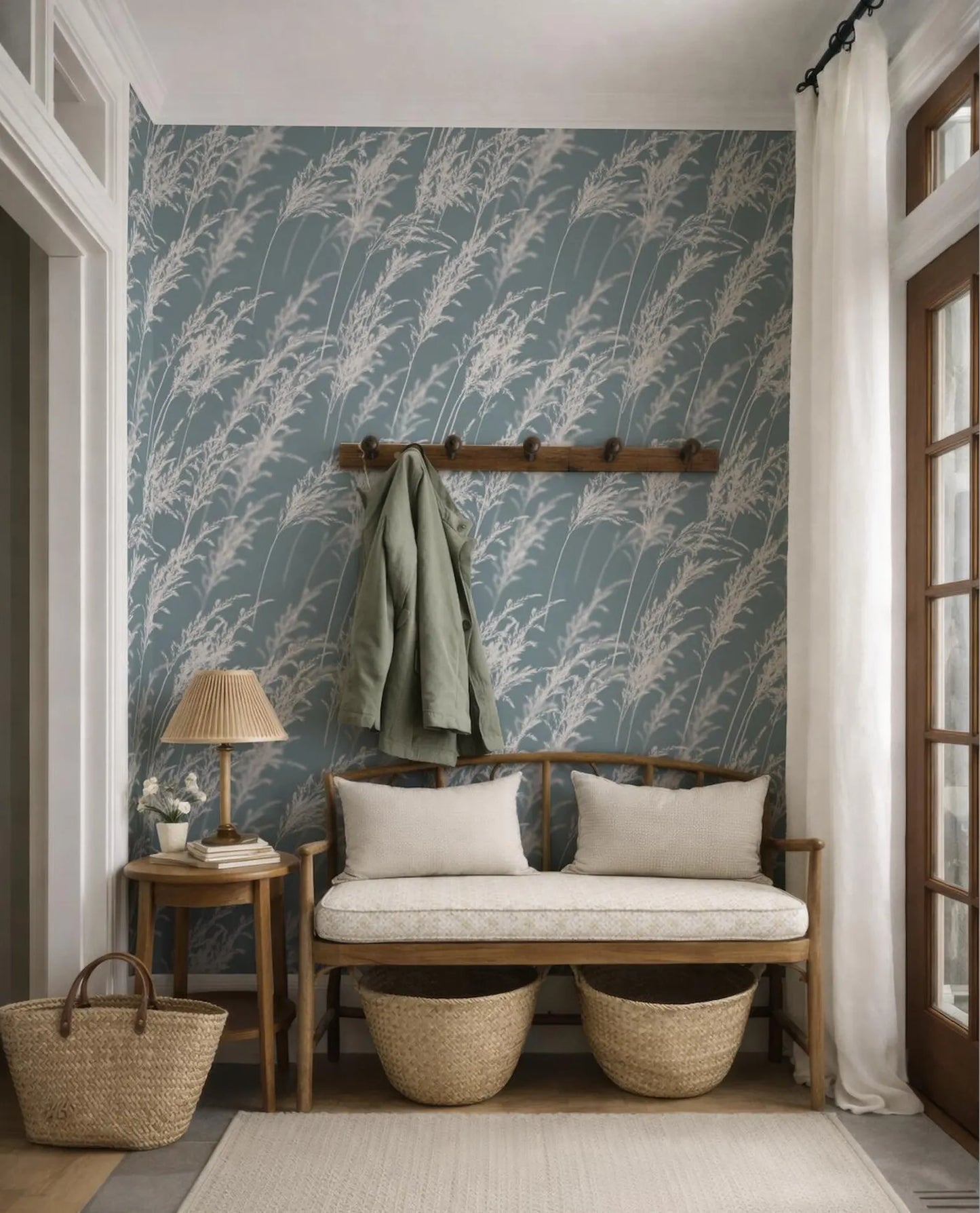 a cozy and inviting entryway with a bench, a coat rack, and a side table with a lamp. The wall behind the bench has a blue and white floral wallpaper, and there are two woven baskets placed on the floor next to the bench.