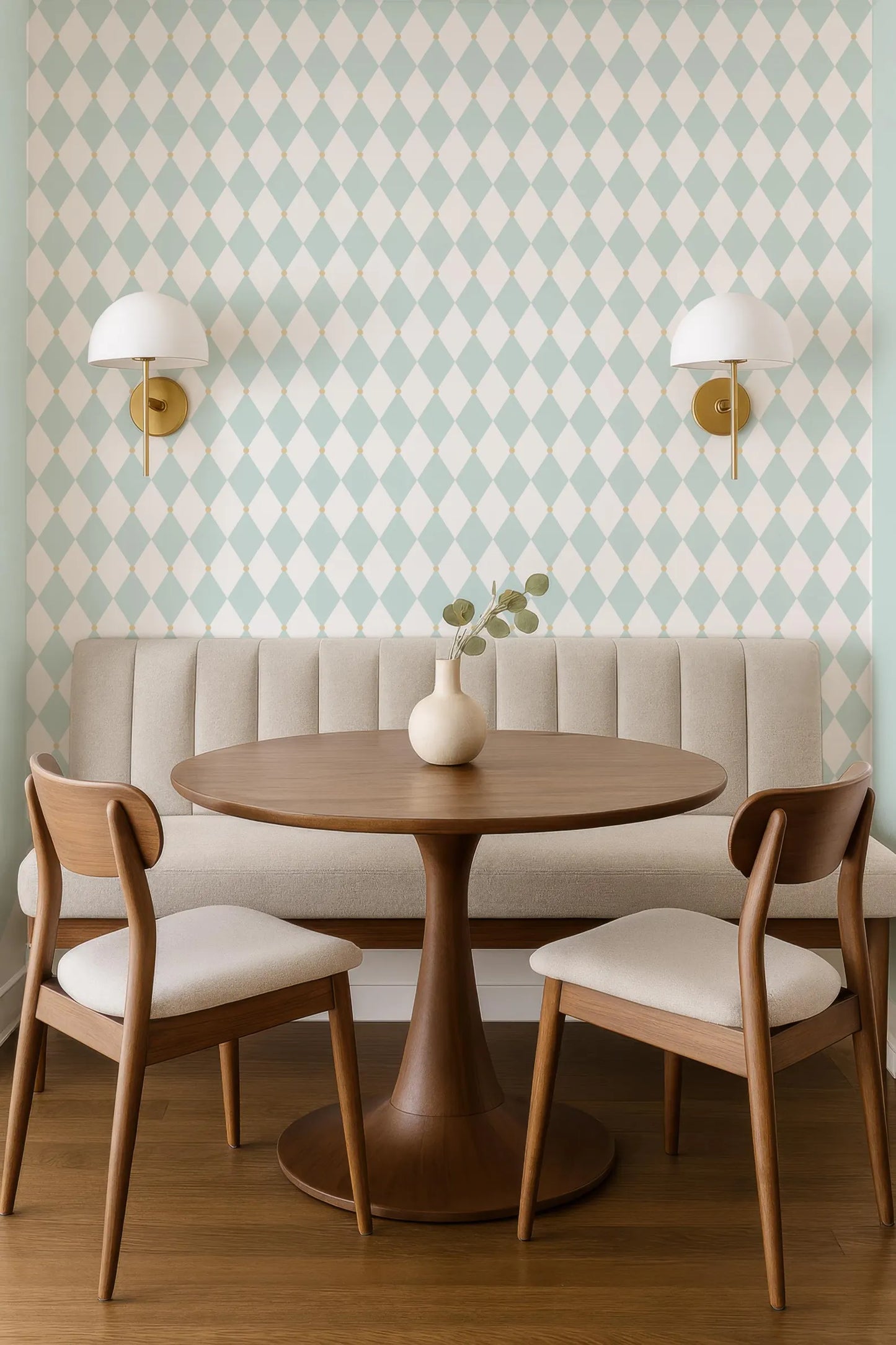 a modern dining area with a round wooden table, two wooden chairs, and a bench. The table is set against a wall with a diamond pattern wallpaper. Two white wall sconces are mounted on either side of the table, providing lighting. The overall design has a contemporary and stylish aesthetic.