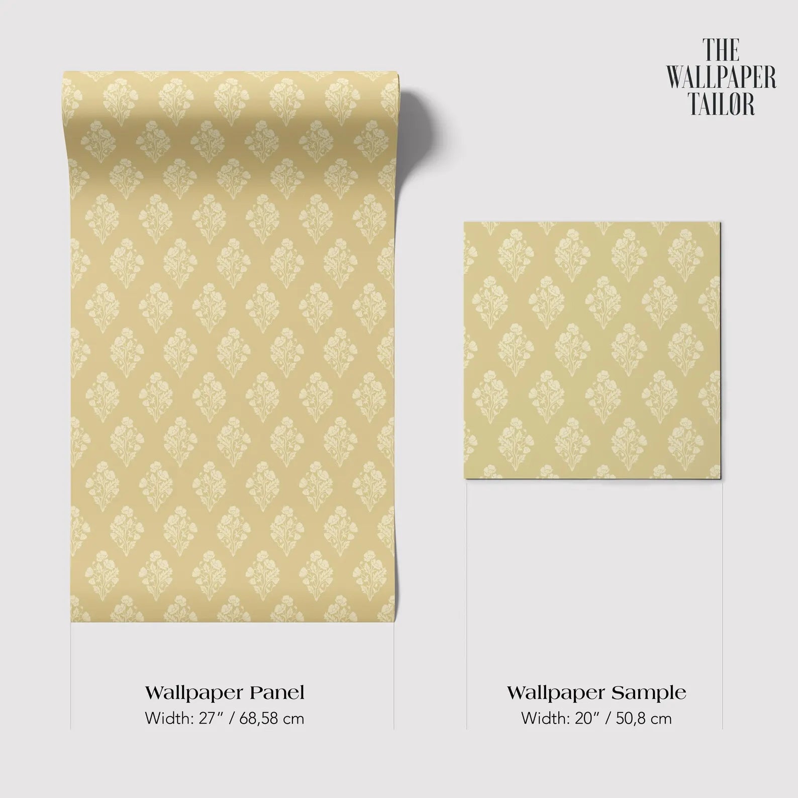 two rolls of wallpaper with a repeating pattern of white flowers on a yellow background. The rolls are labeled as "Wallpaper Panel" and "Wallpaper Sample" with their respective widths: 27 inches (68.58 cm) and 20 inches (50.08 cm).